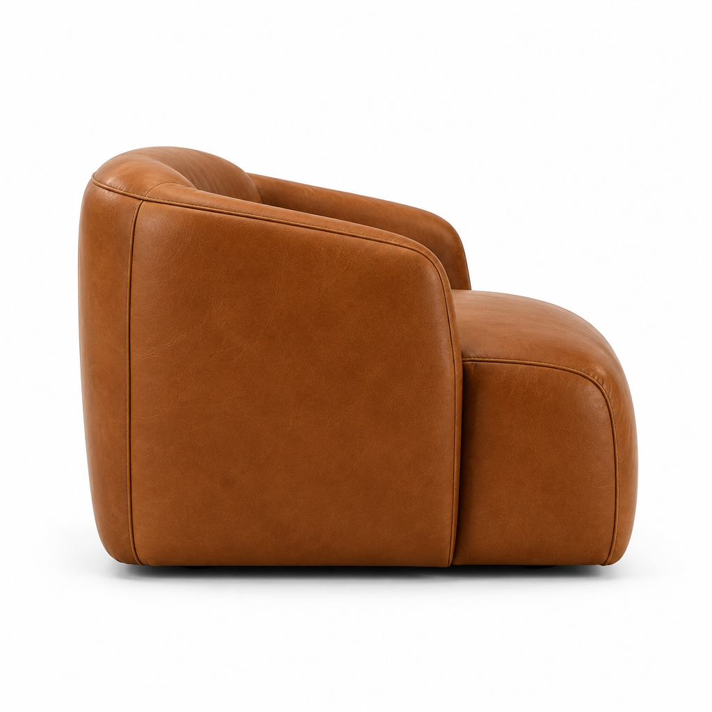 Marin Rounded Leather Arm Chair side view in cognac on white