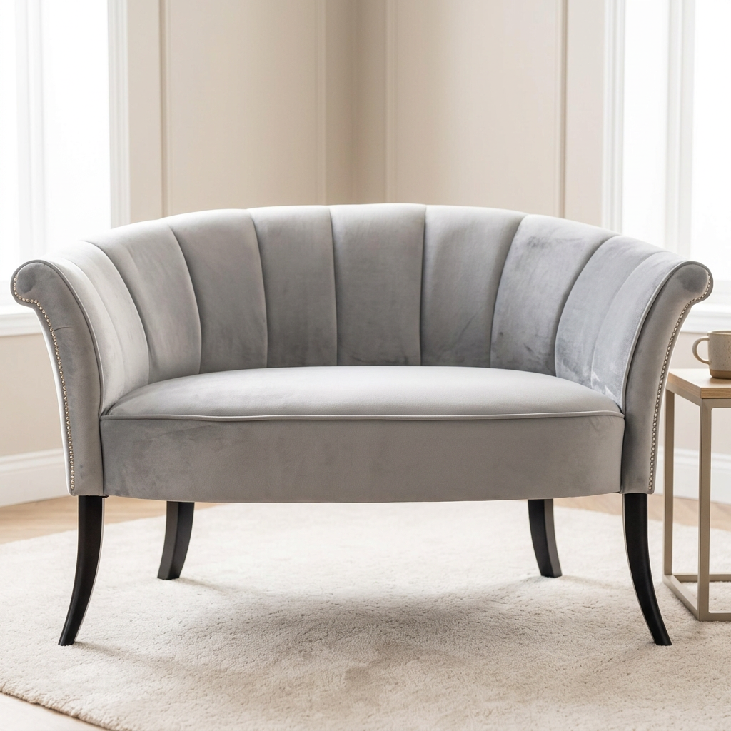 Serelle grey channel-back armchair front view in a bright room
