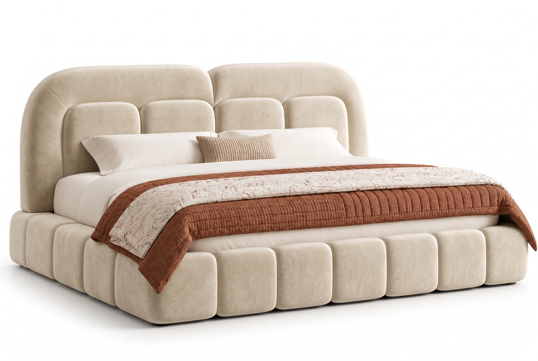 Velaro beige upholstered bed, angled view with refined fabric texture
