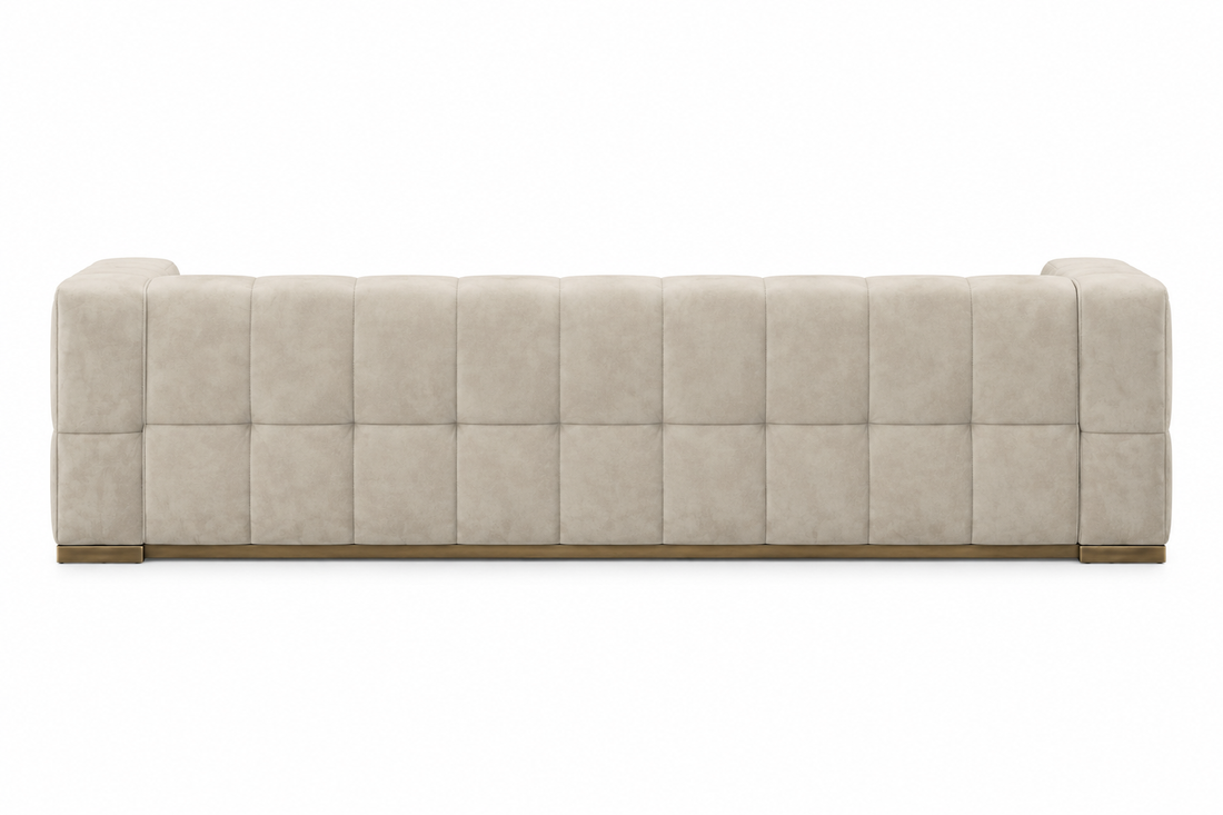 Elara suede sofa rear view on white background