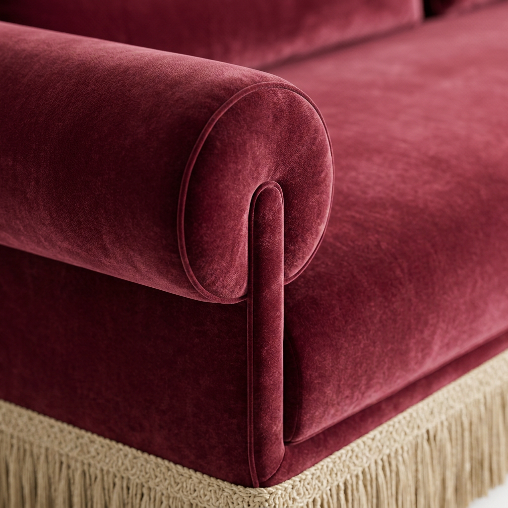 AI-generated close-up of Vivienne burgundy velvet upholstery and rolled arm