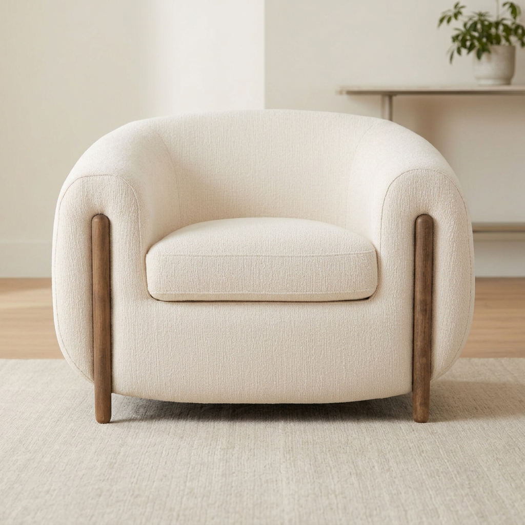 Norvelle ivory barrel armchair, front view in a neutral living room