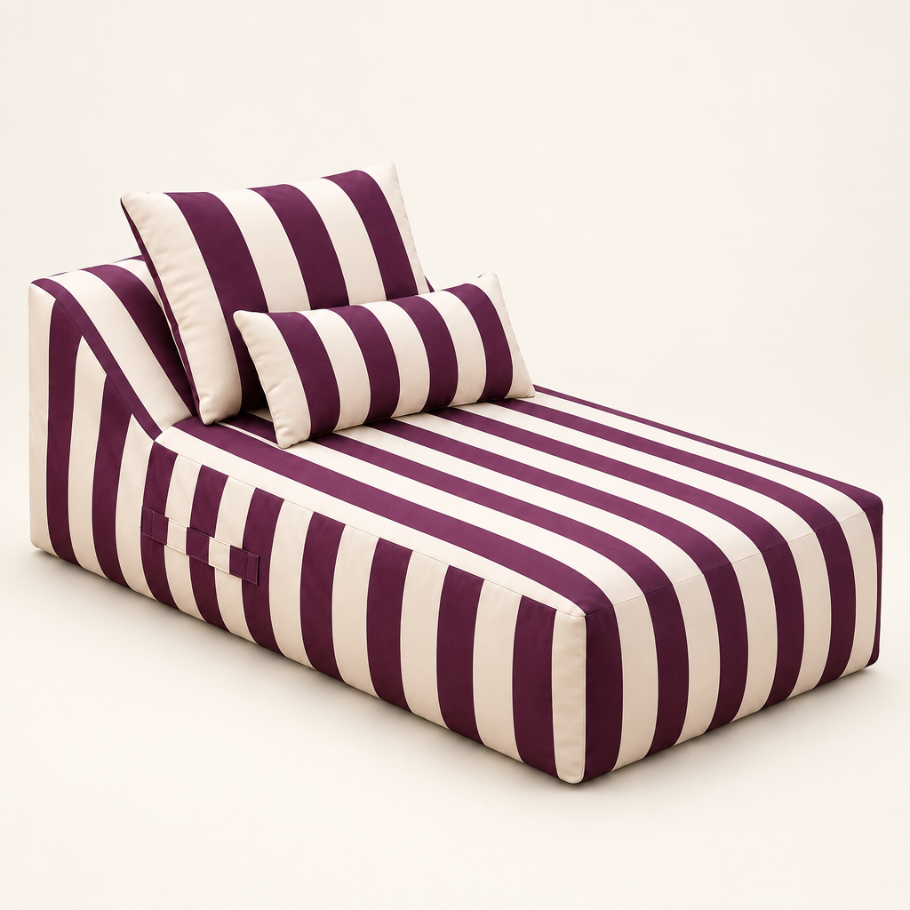 Riva plum-and-cream striped outdoor chaise lounge on an off-white background, three-quarter view