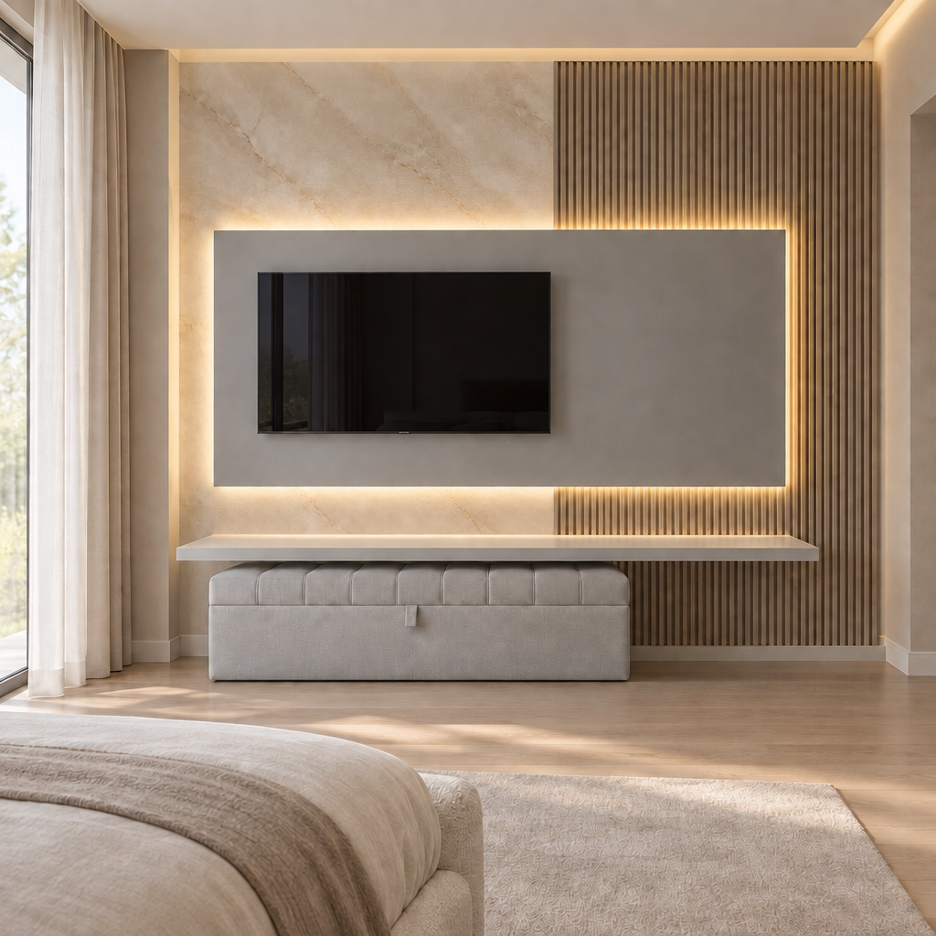 Ivy TV media wall in a luxury modern bedroom with beige marble-effect PVC on the left back-wall section