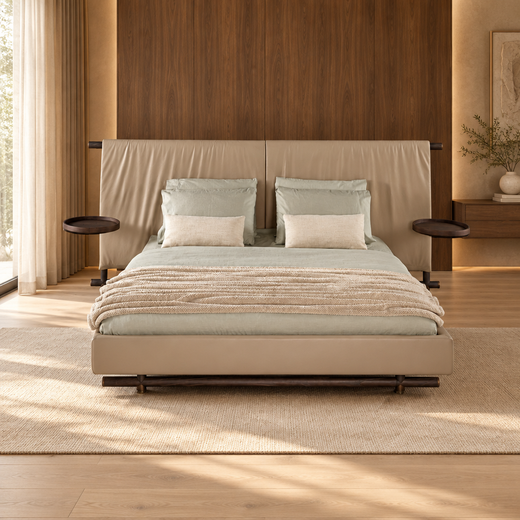 Kimono leather and wood bed in a luxury bedroom
