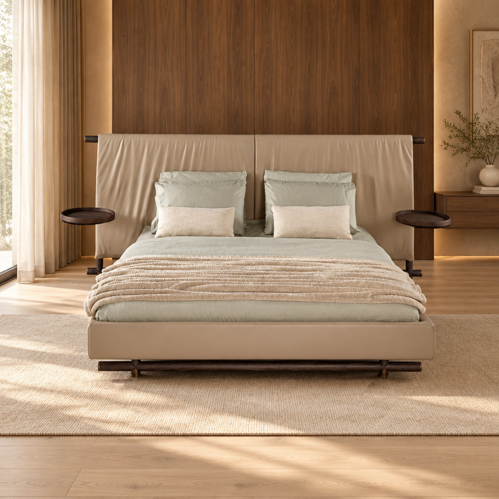 Kimono leather and wood bed in a luxury bedroom