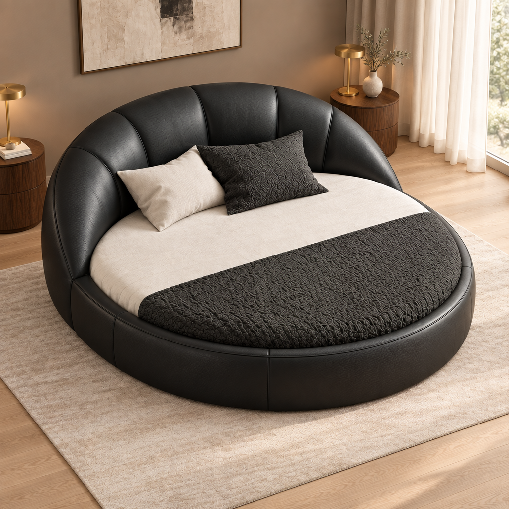 LORVÉ black PVC faux-leather round bed, elevated view showing circular shape