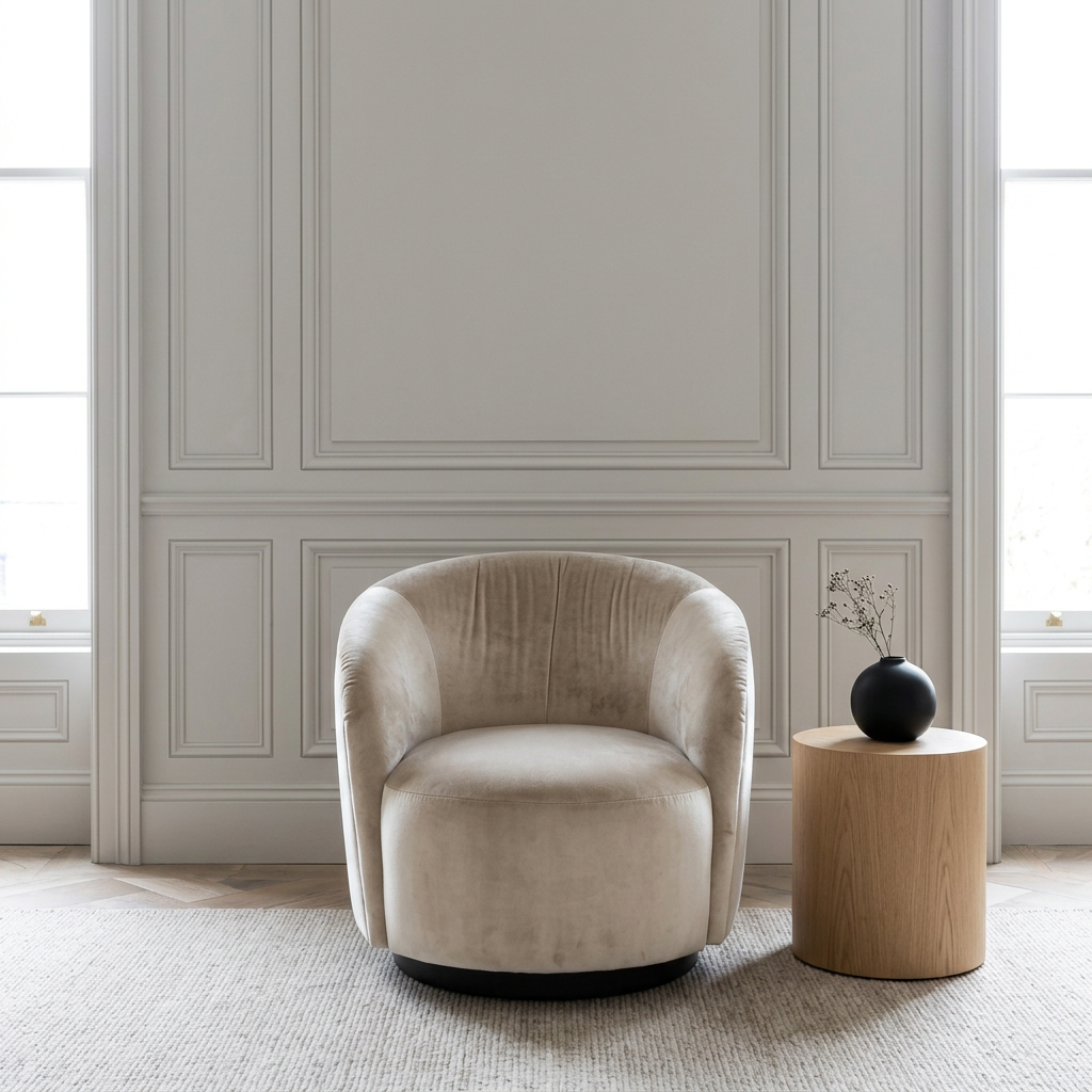 Front view of Orelle beige barrel armchair in a bright living room