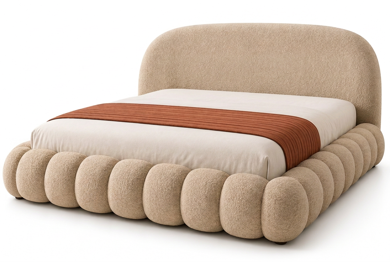 Mirea beige boucle bed without pillows, showing the full curved headboard
