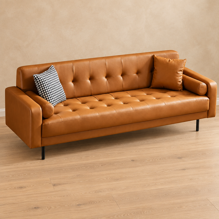 Corven brown tufted leather three-seater angled view