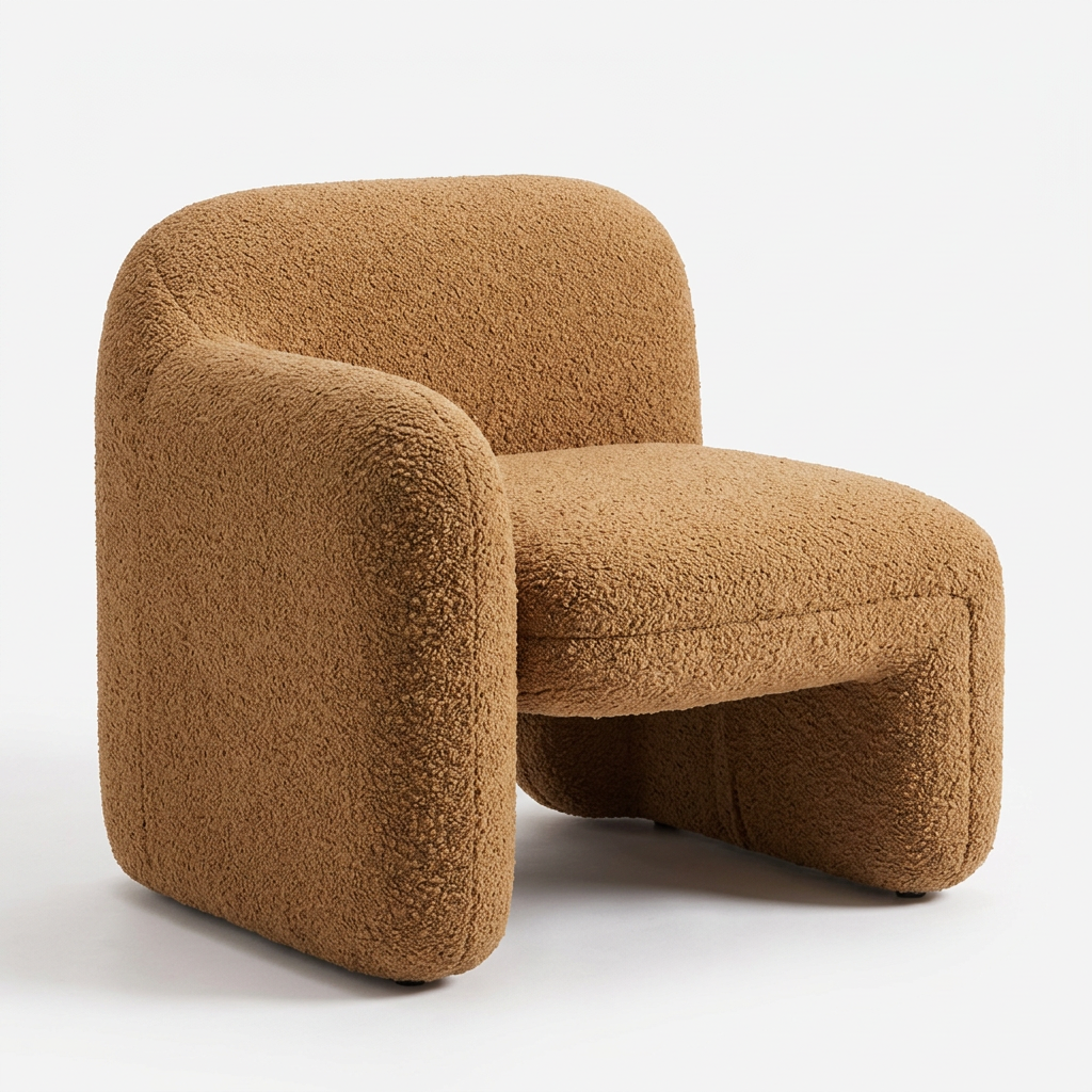 AI-reconstructed left three-quarter view of Tovelle single-arm bouclé chair on white