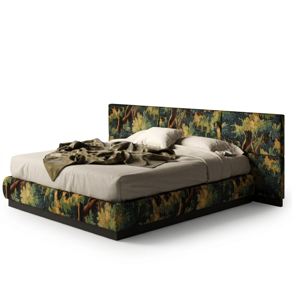 Sylvara botanical upholstered bed, right-side view on a white background