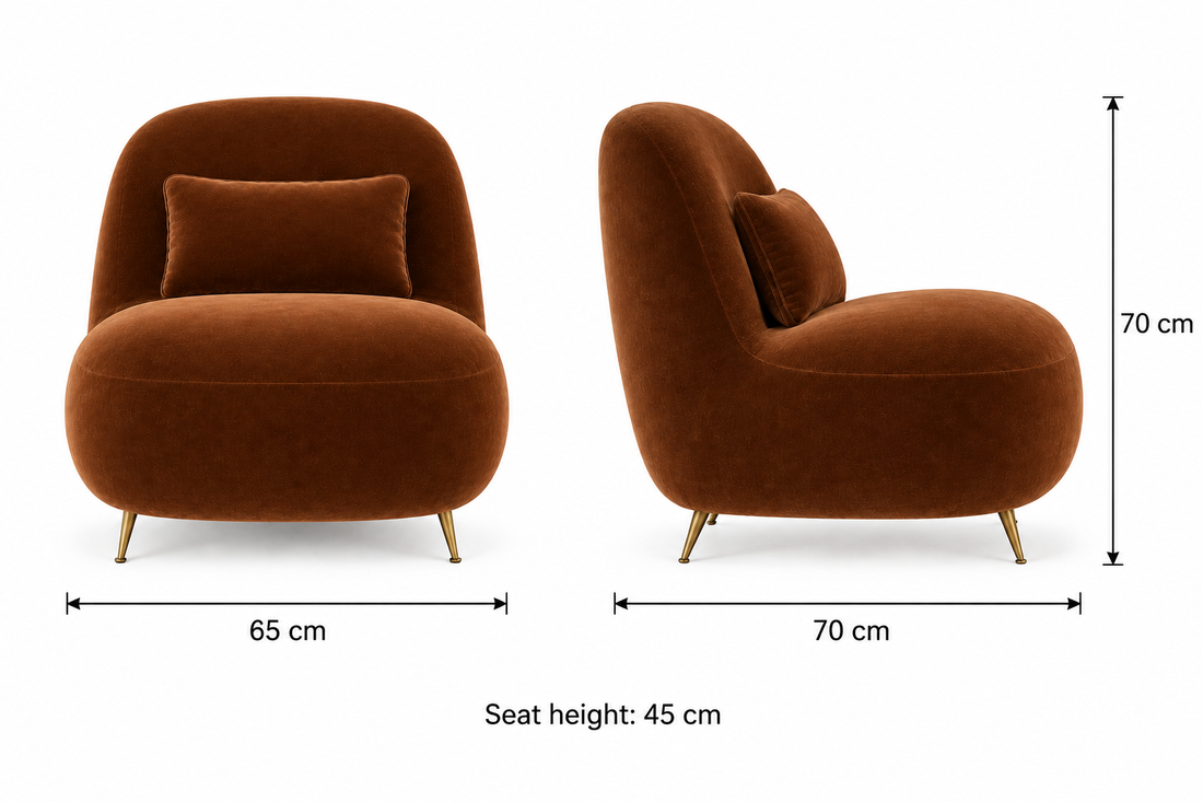 Aveline Velvet Slipper Chair 65 cm wide, 70 cm deep, 70 cm high, 45 cm seat height