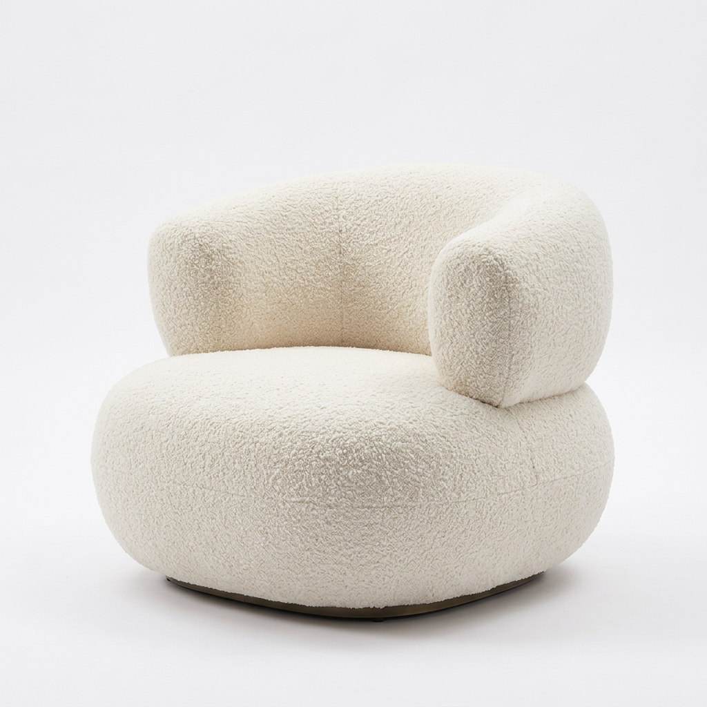 Mirelle ivory bouclé armchair, right three-quarter view on white