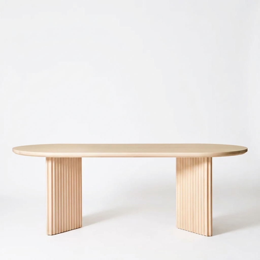 Avelin fluted wood dining table, rear view on white background