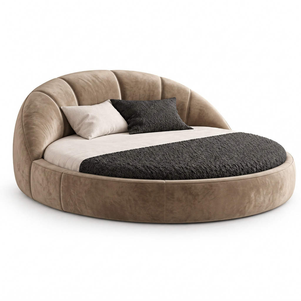 Elara round upholstered bed in light brown velvet, angled view