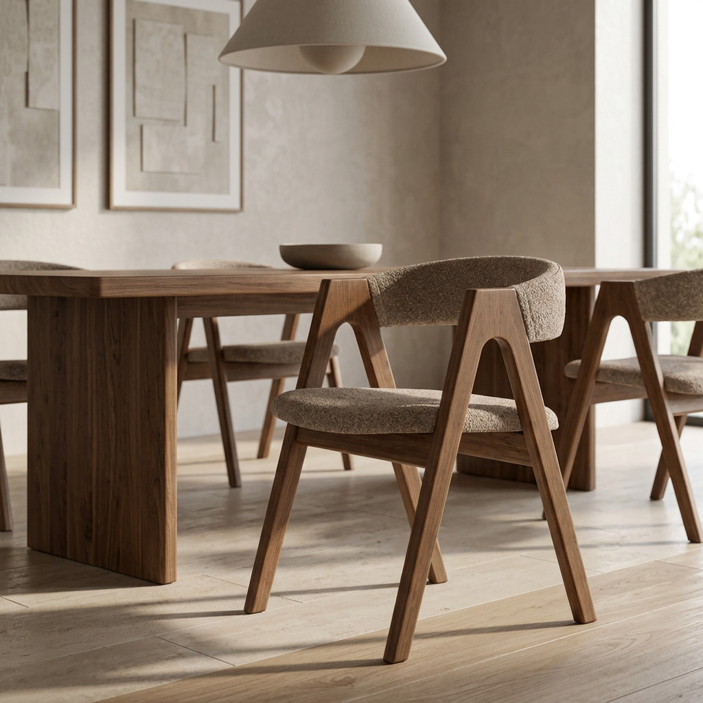 Arvella taupe boucle and walnut dining chair in a luxury dining room