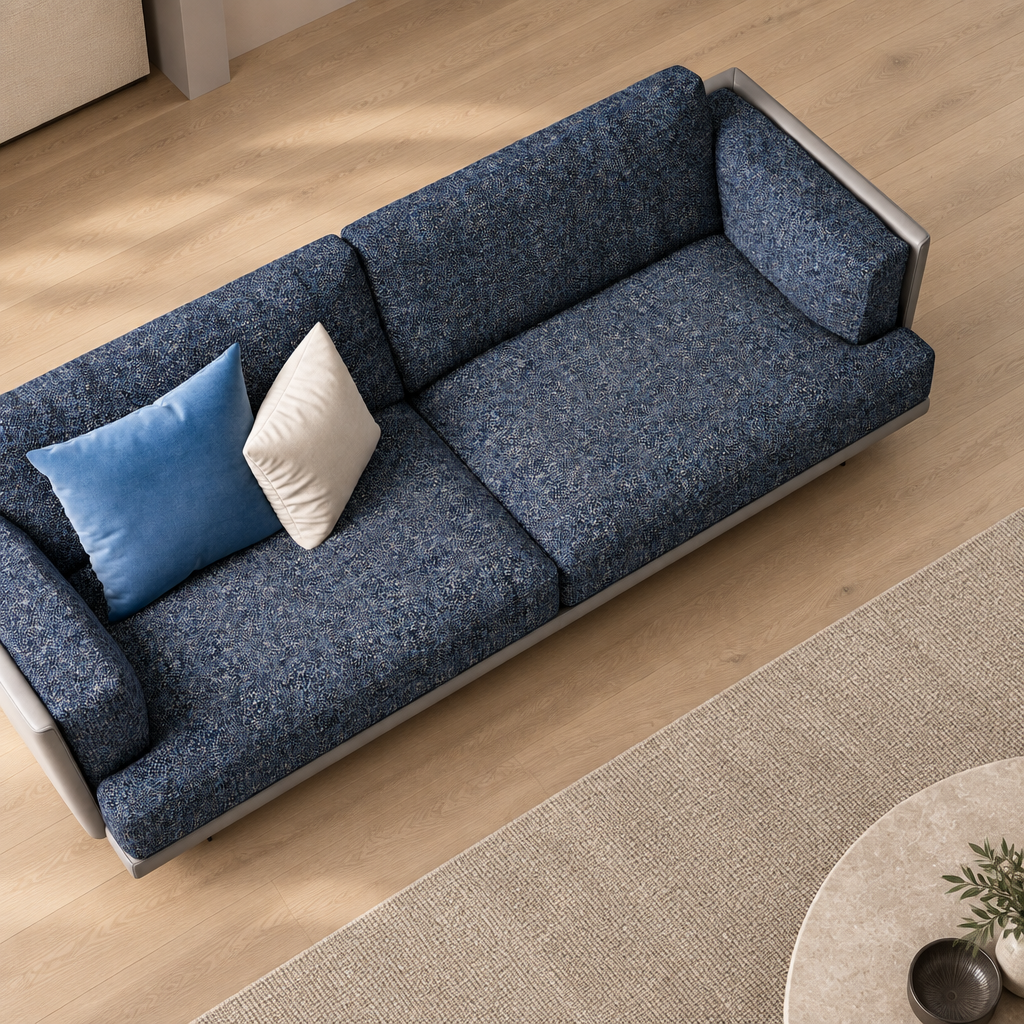 Lior navy fabric and gray leather upholstery detail