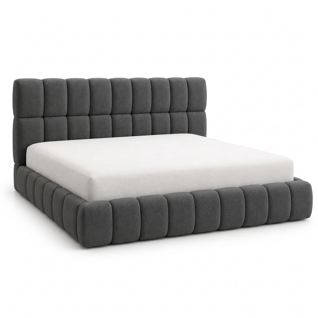 Dorian charcoal bed, angled view with fuller padding
