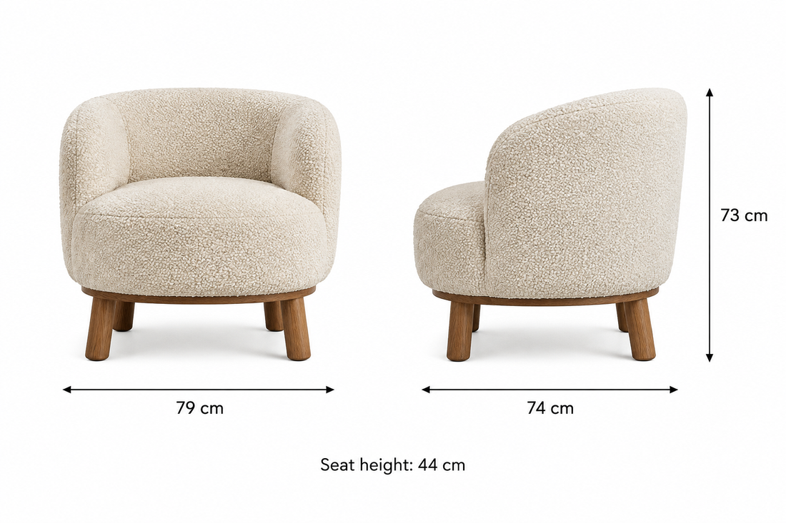 Marlow Bouclé Barrel Arm Chair 79 cm wide, 74 cm deep, 73 cm overall height, 44 cm seat height