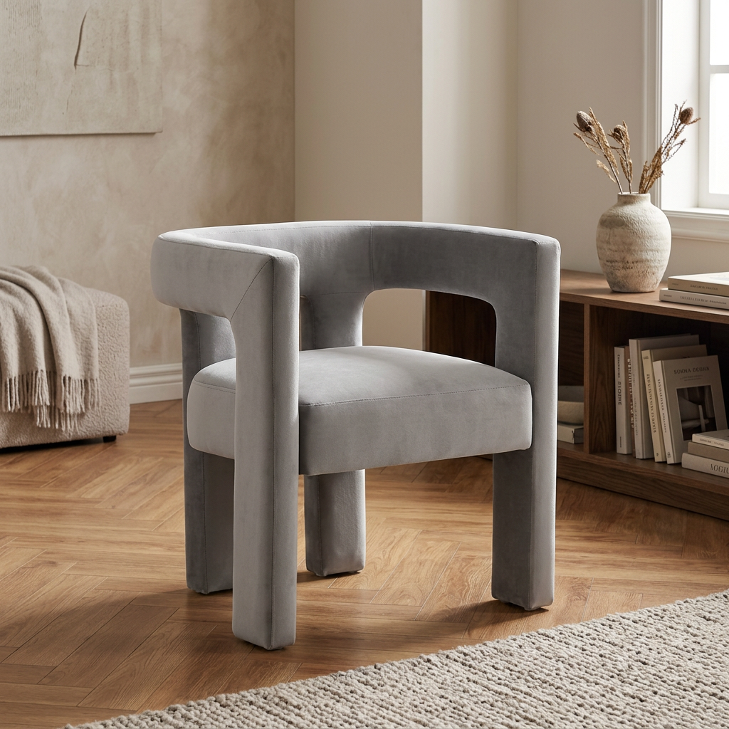 Virelle light grey velvet armchair styled in a contemporary reading room