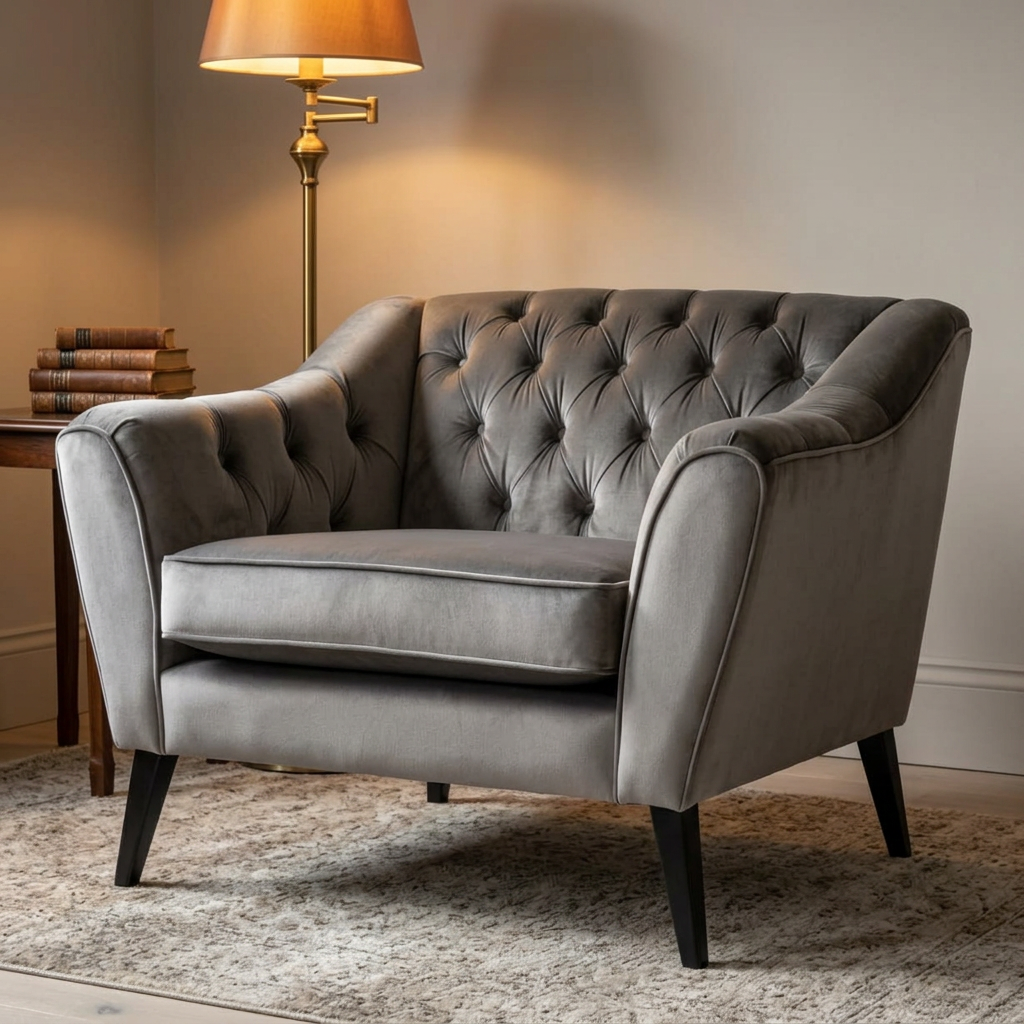 Corvelle grey velvet armchair in a warm reading room