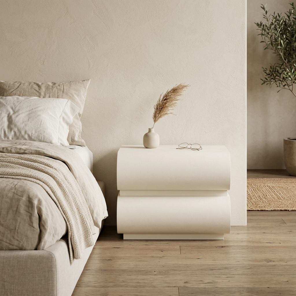 Sahra cream curved bedside table in a neutral bedroom