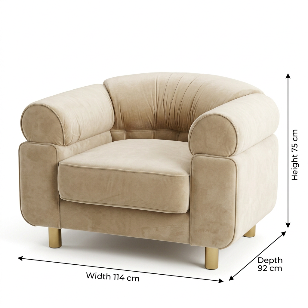 Elowen armchair dimensions: width 114 cm, depth 92 cm, overall height 75 cm