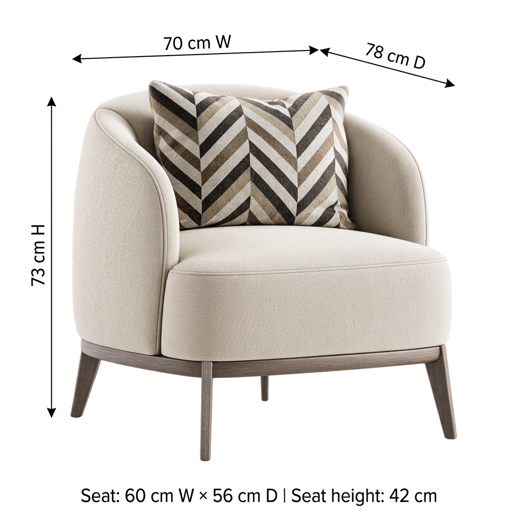Arielle armchair dimensions 70 cm W × 78 cm D × 73 cm H; seat 60 × 56 cm, seat height 42 cm