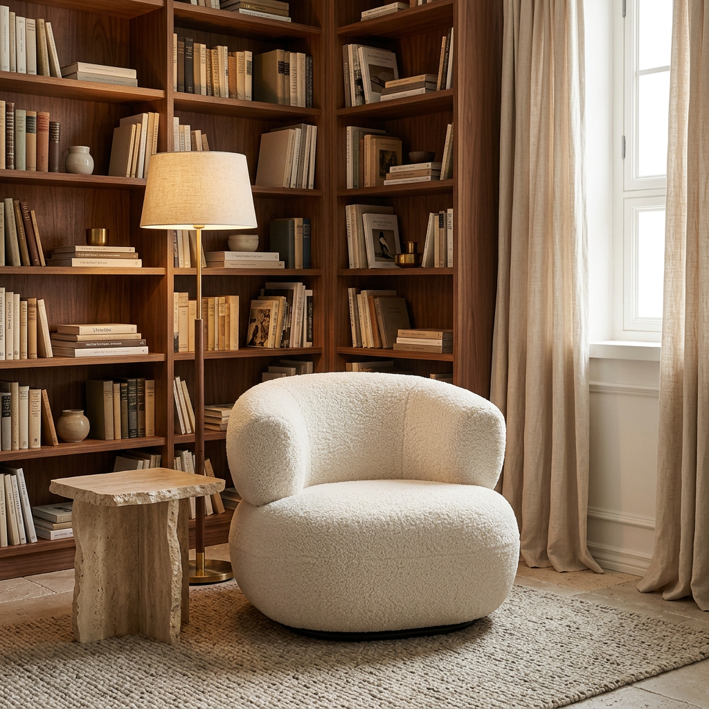 Mirelle ivory bouclé armchair in a reading room beside walnut shelving