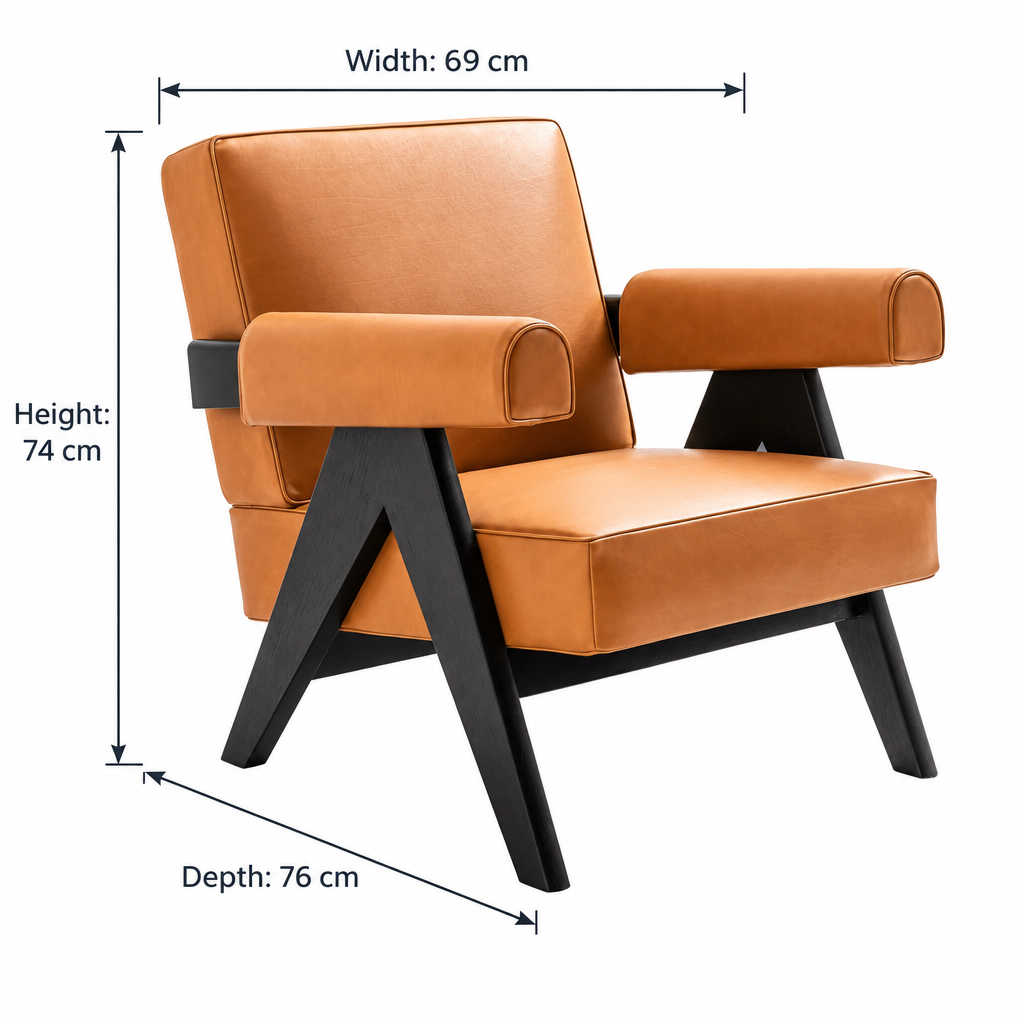 Arden armchair size arrows: width 69 cm, depth 76 cm, height 74 cm