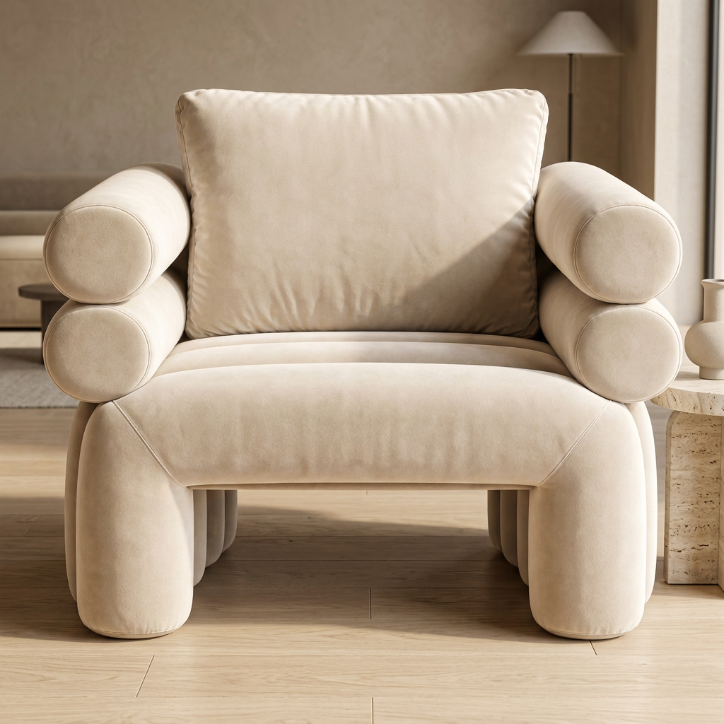 Valentino warm ivory lounge chair front view in a contemporary living room