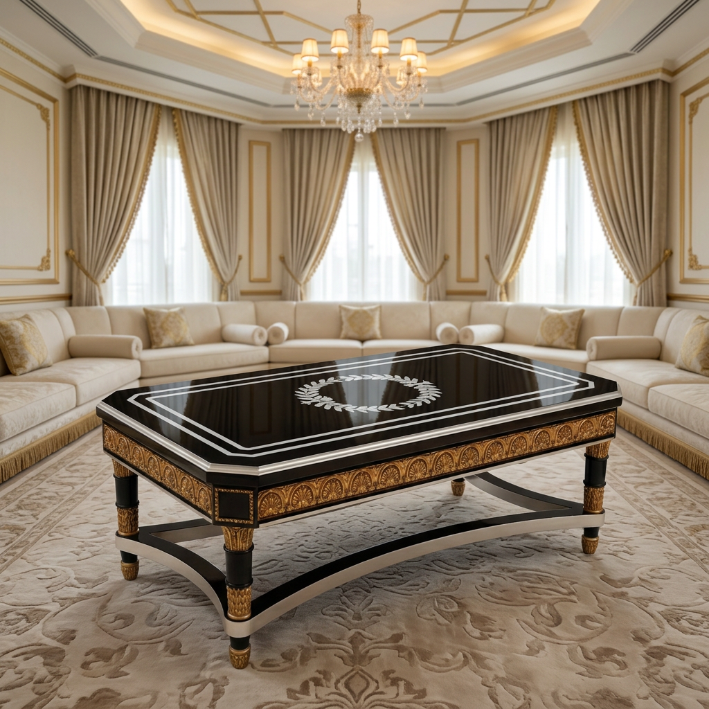 Empire black lacquer and gold leaf coffee table in a luxury majlis