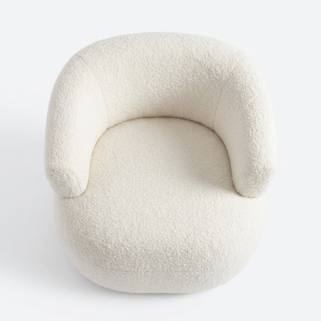 Soreva ivory bouclé armchair, overhead view on white