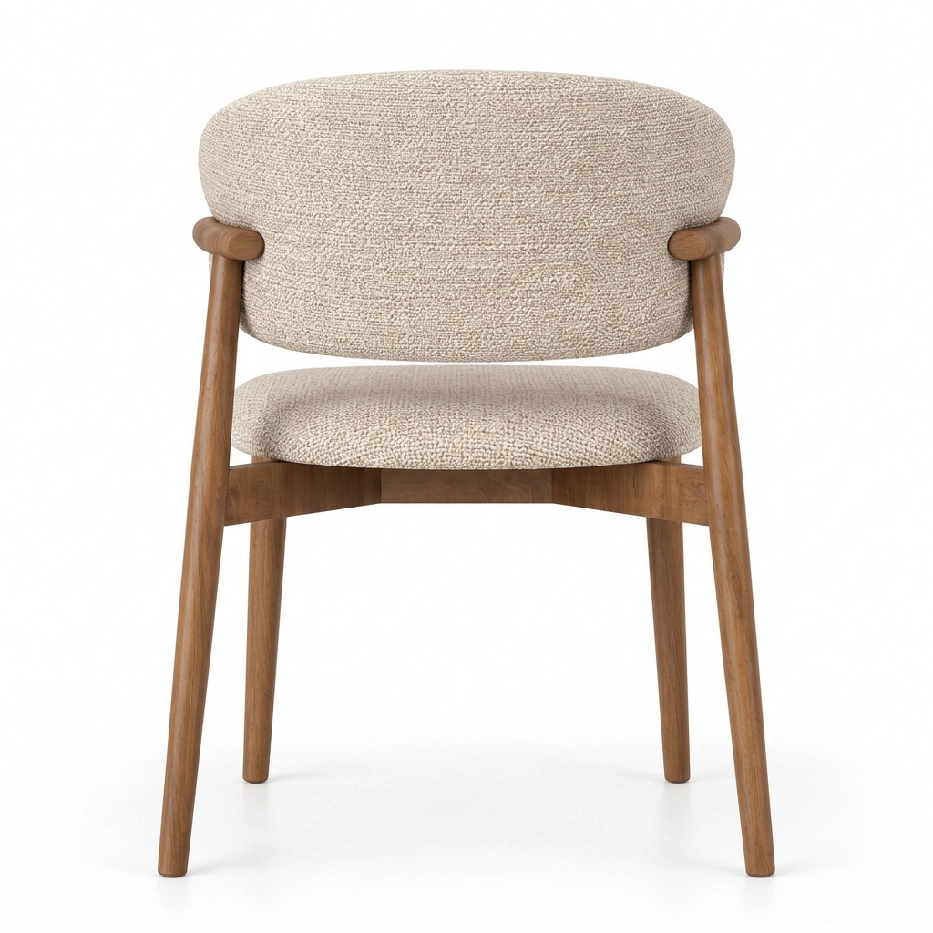 Avielle beige linen and walnut dining chair, back view on white