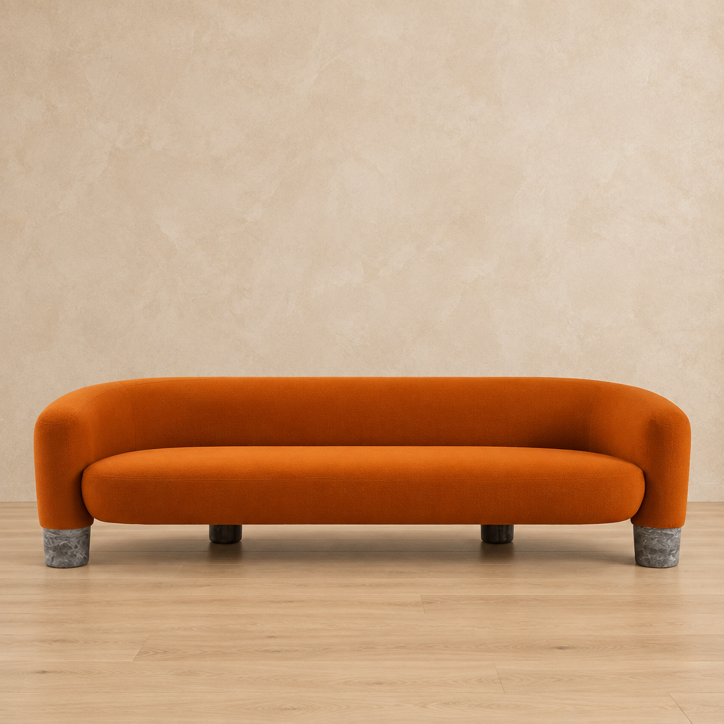 Oryn orange curved fabric sofa front view