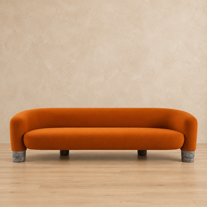 Oryn orange curved fabric sofa front view