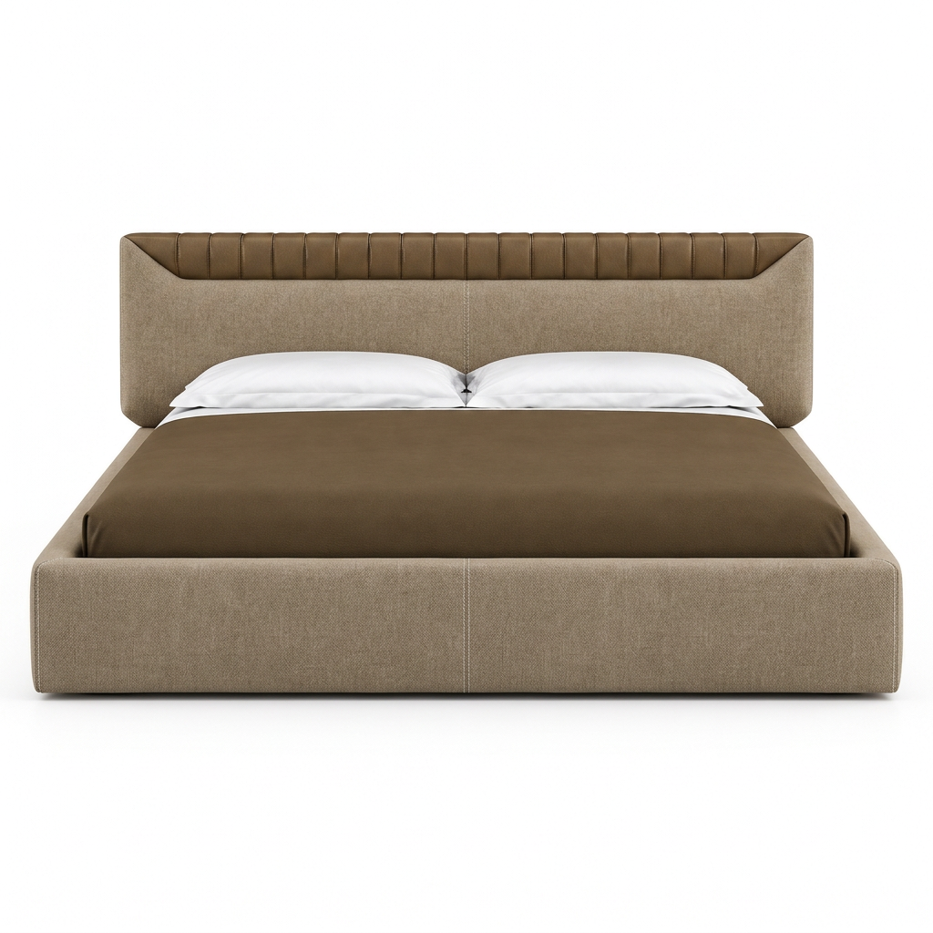 Libra bed in beige woven fabric with contrasting brown headboard accent