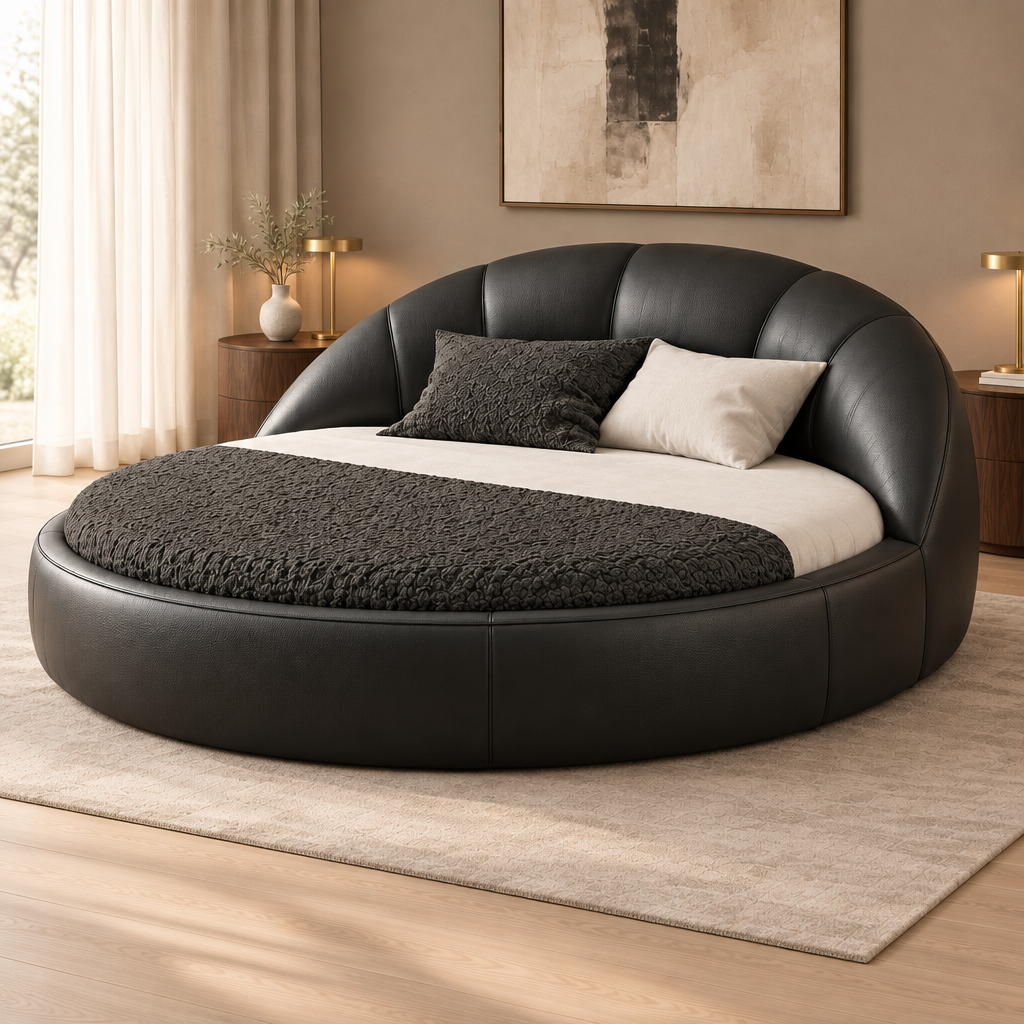 LORVÉ black PVC faux-leather round bed in matching luxury bedroom, opposite front angle