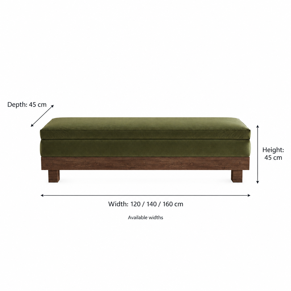Tobhias bench dimensions: available widths 120, 140 or 160 cm; depth 45 cm; height 45 cm