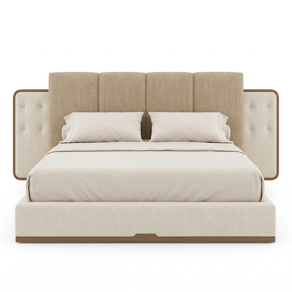 Elara panel and tufted upholstered bed in warm beige woven fabric
