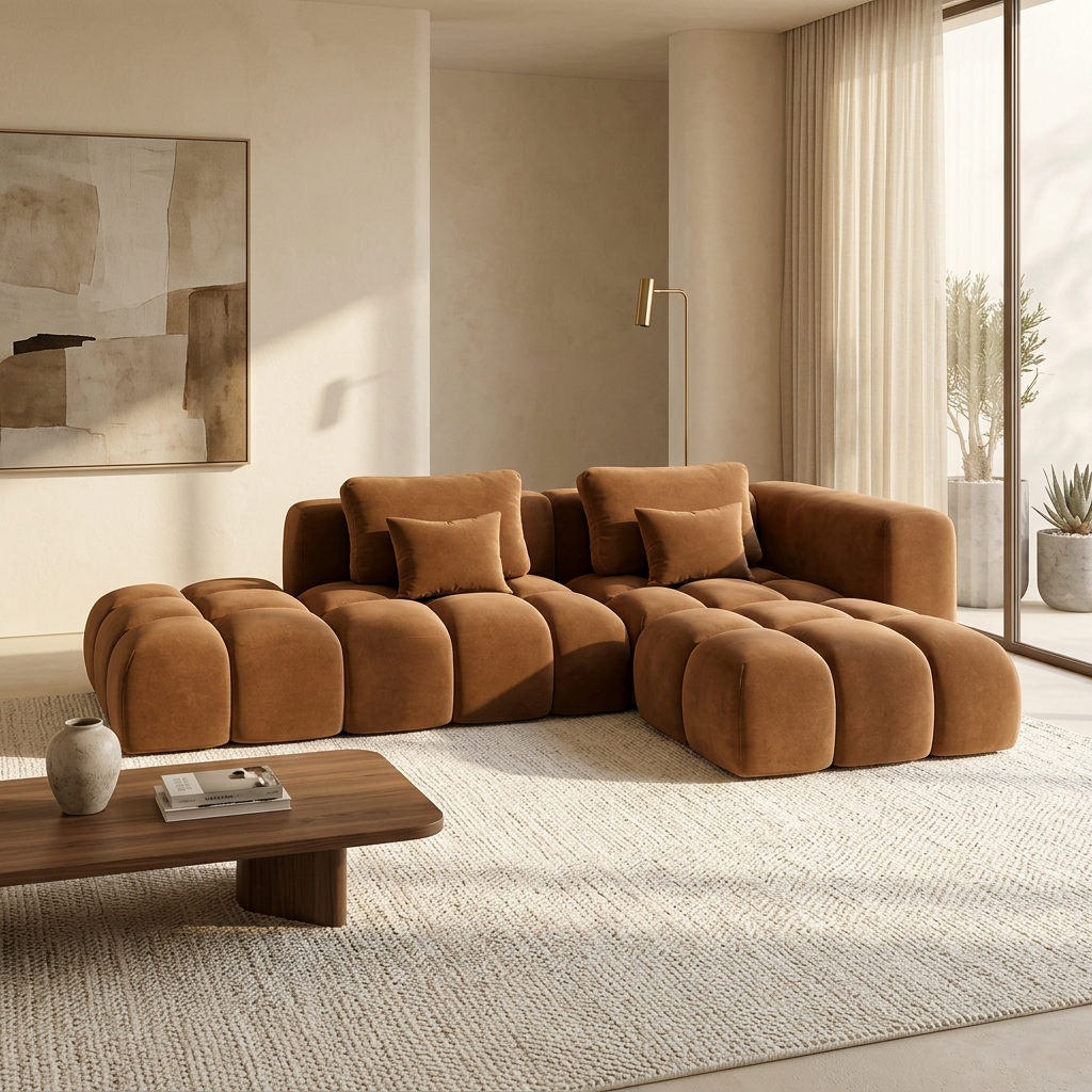 Alba caramel brown bubble-tufted velvet L-shaped sofa in a contemporary living room