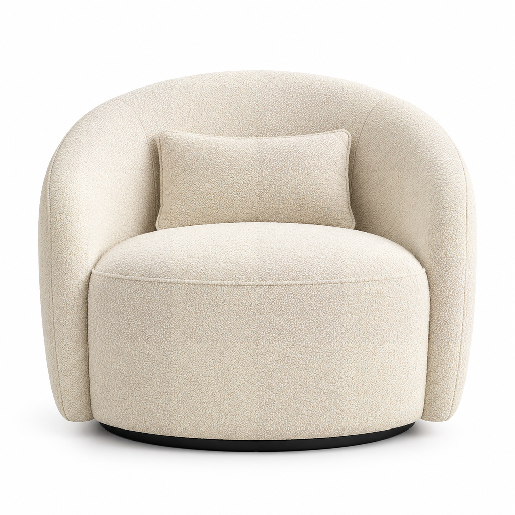 Cove Bouclé Swivel Arm Chair front view in cream on white