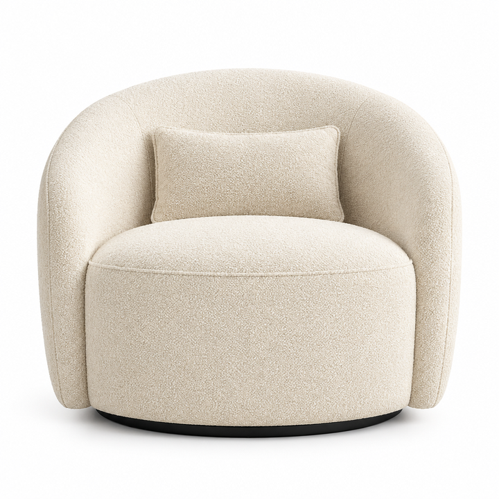 Cove Bouclé Swivel Arm Chair front view in cream on white