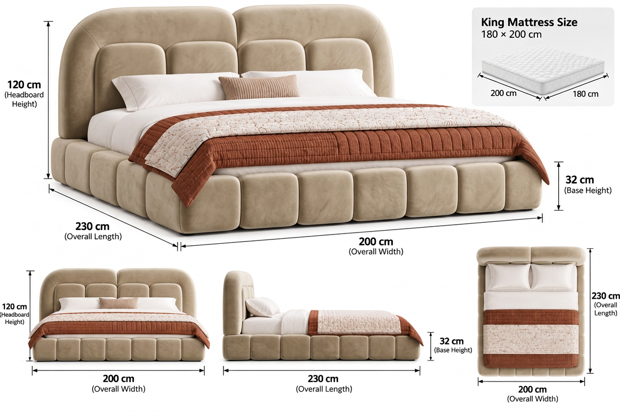 Velaro King dimension guide with refined beige upholstery texture