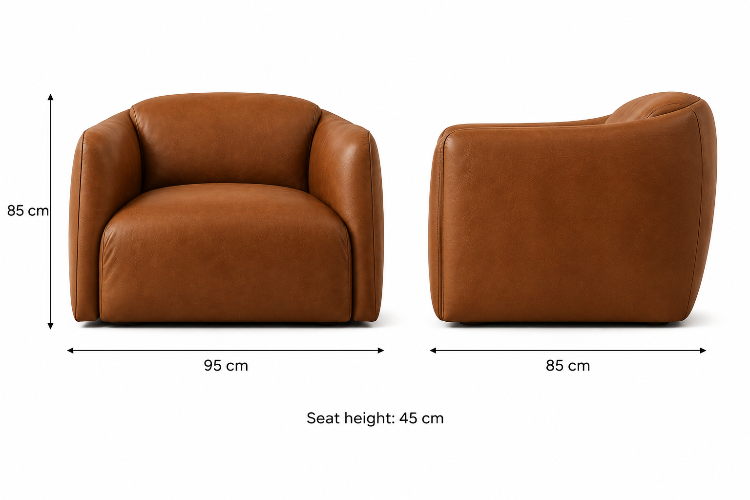Marin Rounded Leather Arm Chair 95 cm wide, 85 cm deep, 85 cm overall height, 45 cm seat height