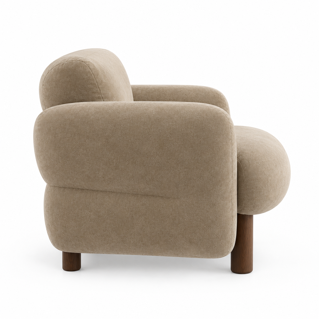 Soleil Rounded Velvet Arm Chair side view in oat on white