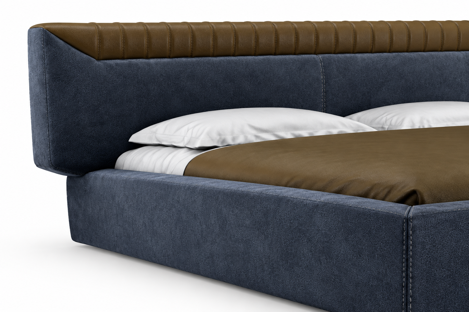 Close-up of the Libra bed’s navy-blue and brown leather upholstery