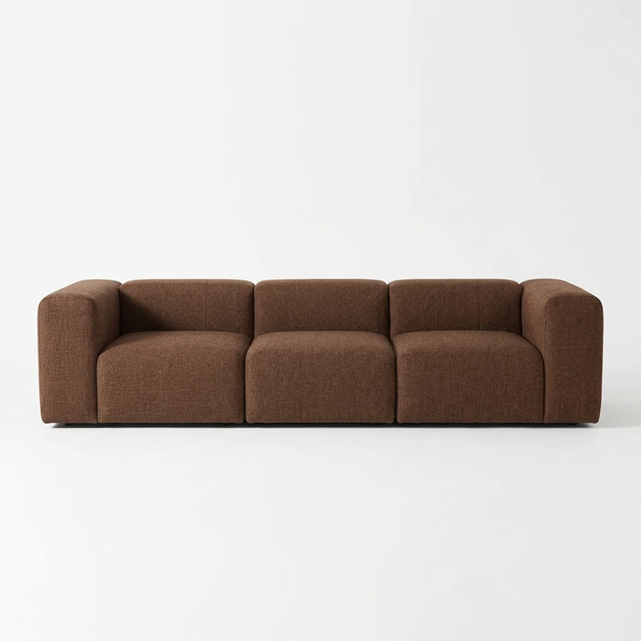 Marlowe modular sofa visualised in chocolate brown fabric with rounded arms