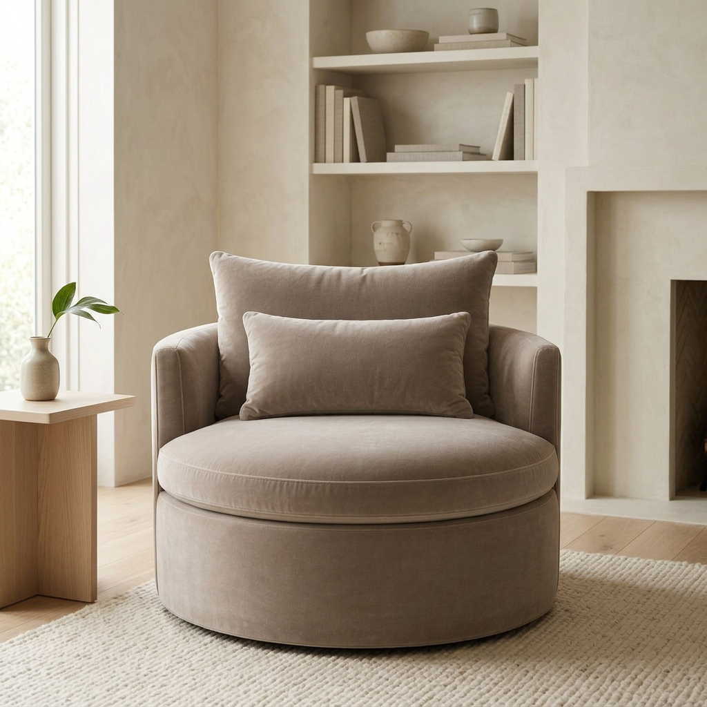 Orla taupe velvet barrel armchair in a light neutral living room
